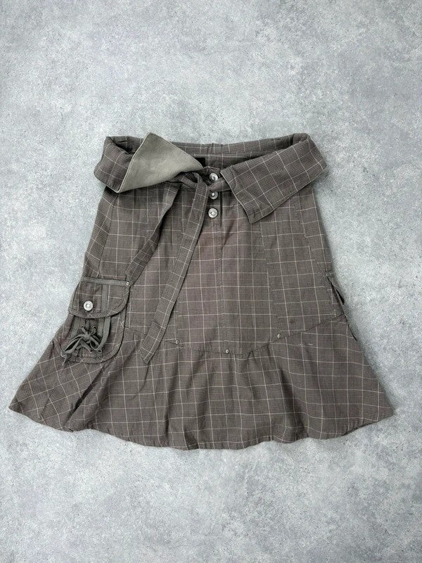 brown tartan low rise flared midi skirt