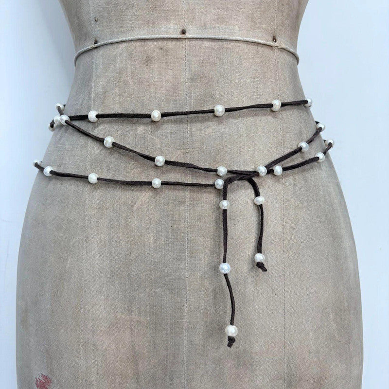 brown suede pearl wrap waist beads