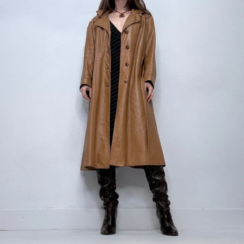 tan leather long trench coat
