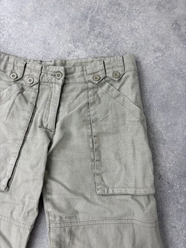 khaki linen cropped pleated capri utility pants