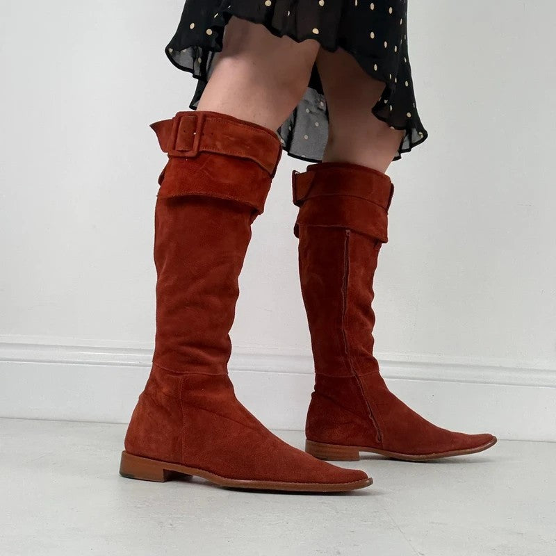 Pointed toe burnt orange suede buckle 70s boots