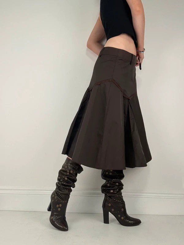 brown asymmetric waistband flared midi skirt