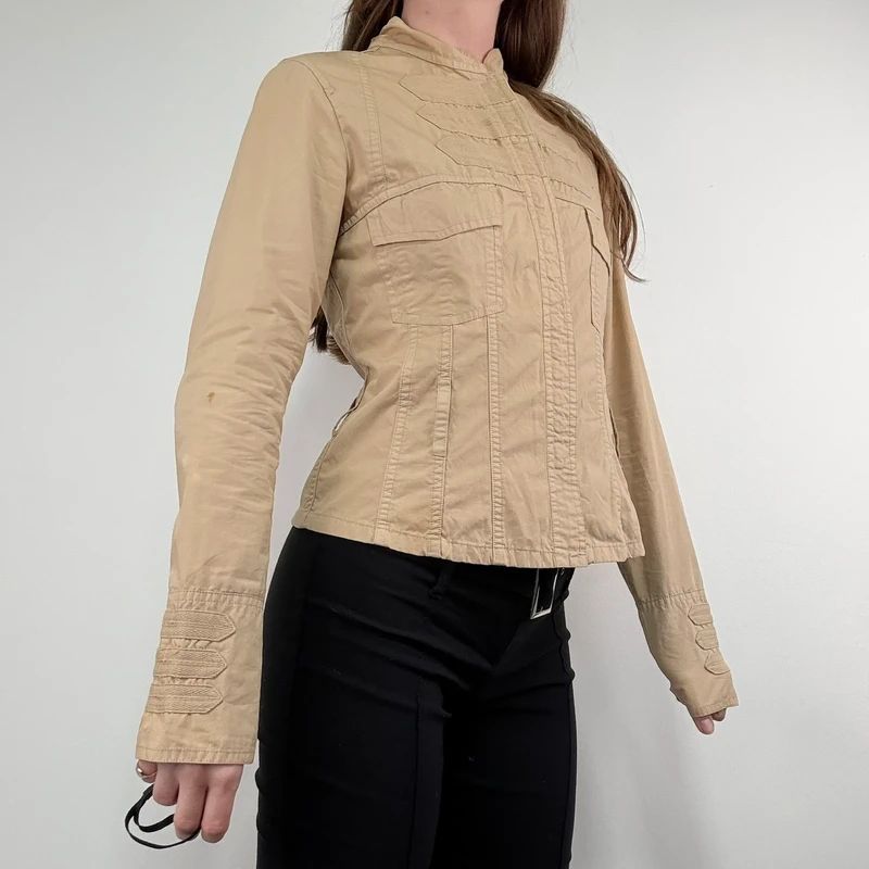 tan fitted panelled military jacket