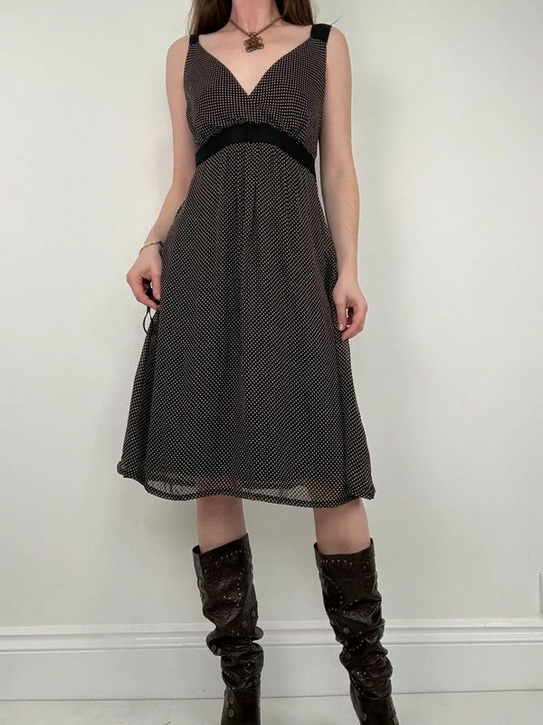black polkadot flared midi dress