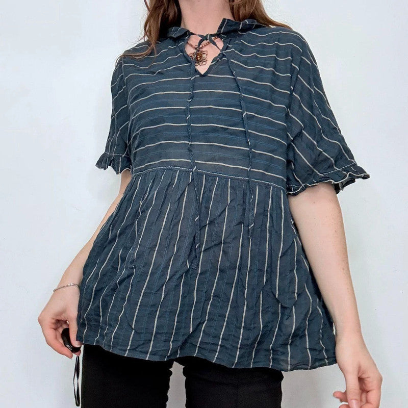 navy cotton striped flared shirt