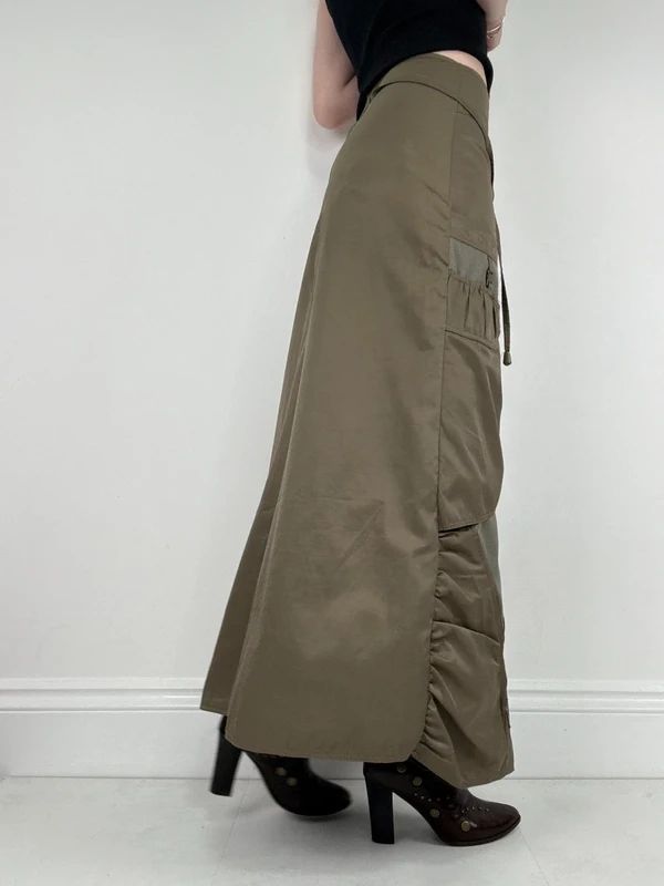 khaki utility gathered maxi skirt