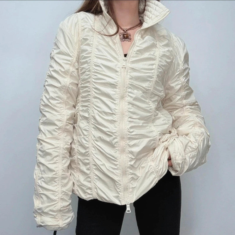 Pleated gathered cinched cream puffer jacket