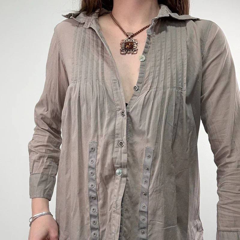 brown pleated flared patchwork button shirt
