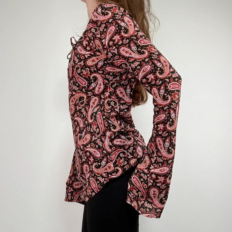 paisley flared wide neck blouse