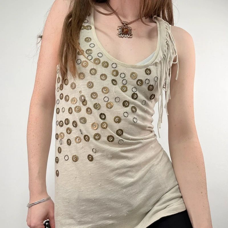 slouchy tan metal studded embelsihed vest top