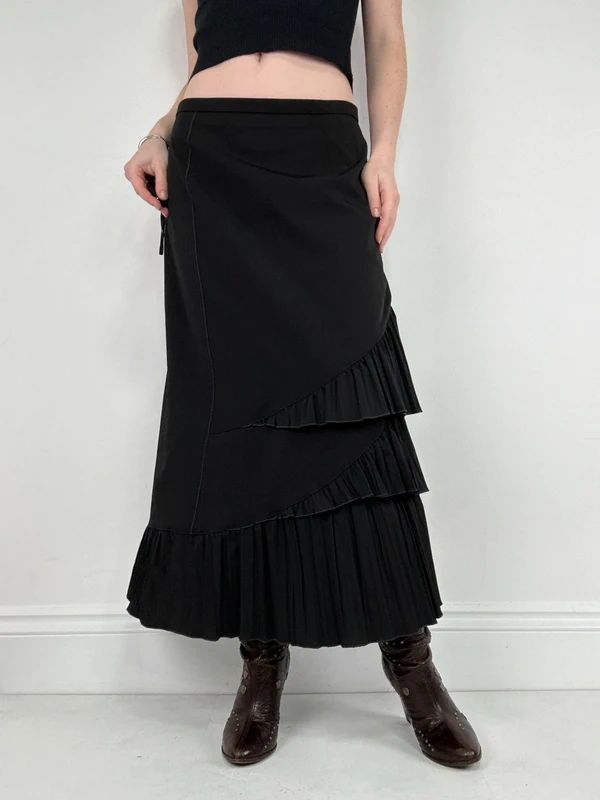 black asymmetric pleated ruffle maxi skirt