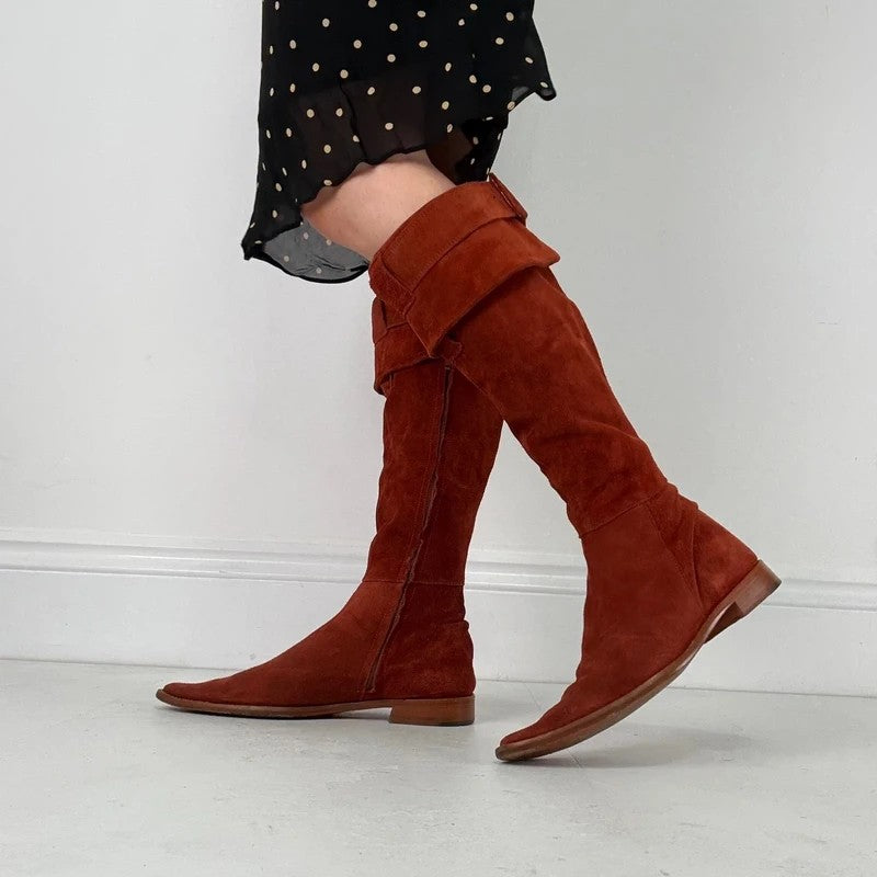 Pointed toe burnt orange suede buckle 70s boots