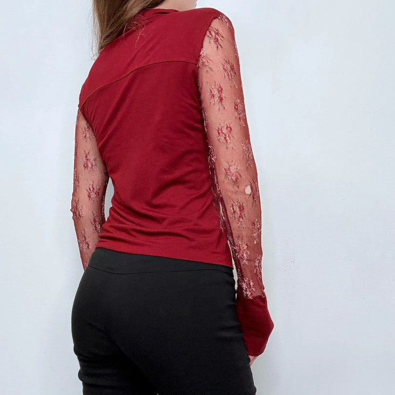red lace sheer embroidered shirt