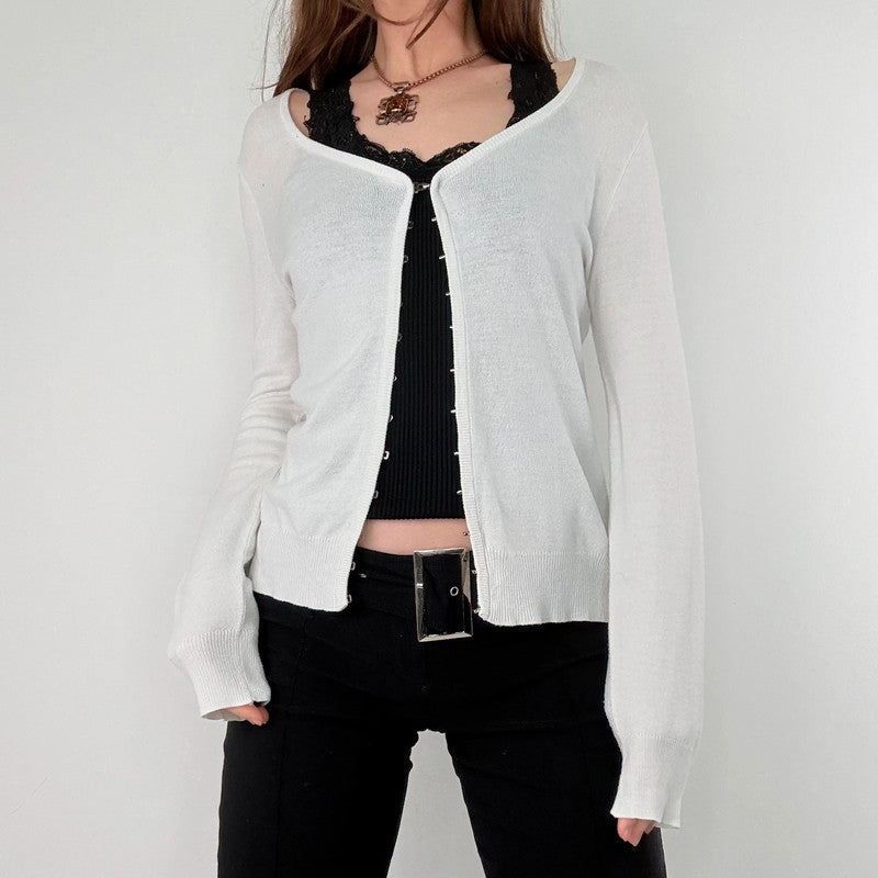 white cotton knit hook and eye cardigan