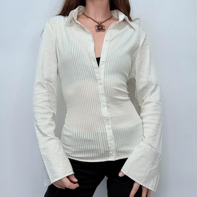 white pinstriped fitted stretch shirt