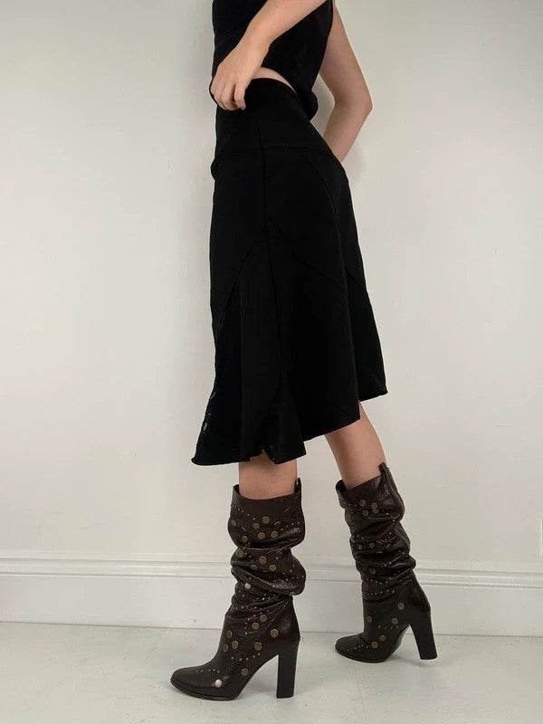 black asymmetric lace panelled midi skirt
