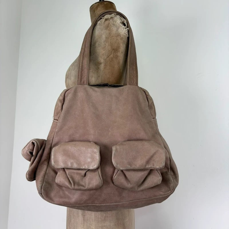 Dusty pink distressed leather cargo slouchy pocket bag