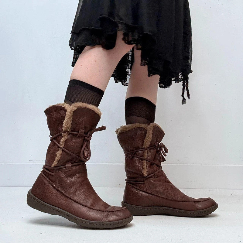 brown leather wrap faux-fur boots