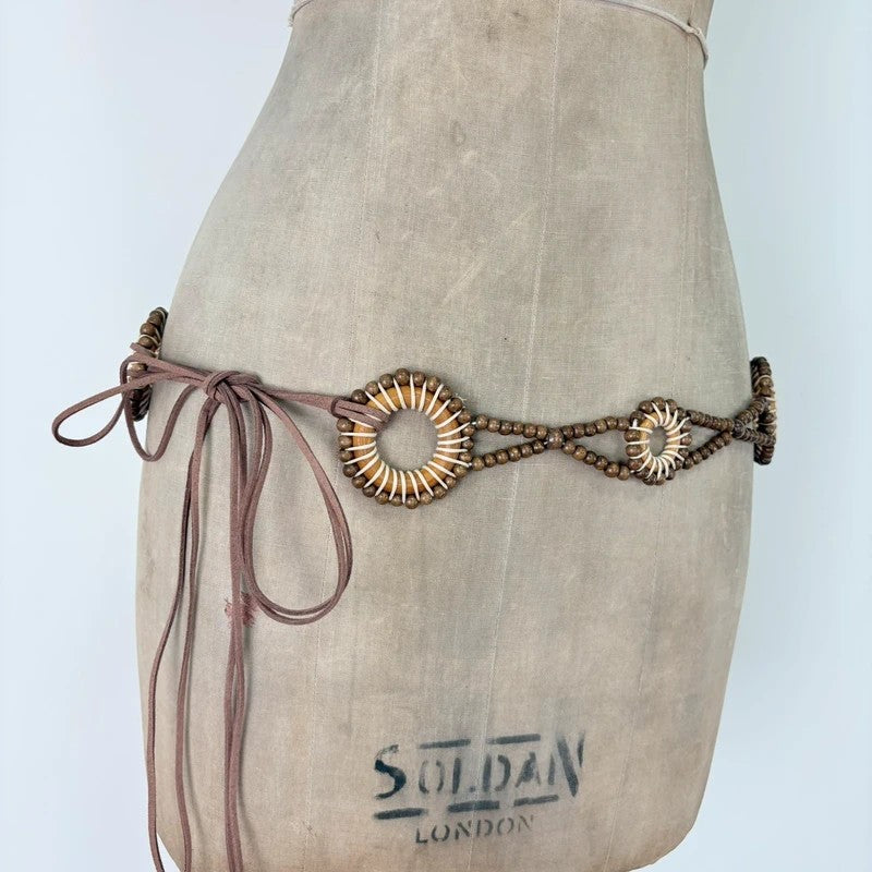 Woven beaded tie up waist belt
