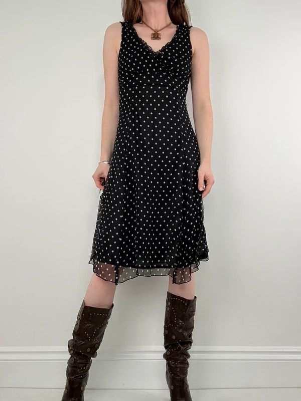 silk black and white polkadot slip dress
