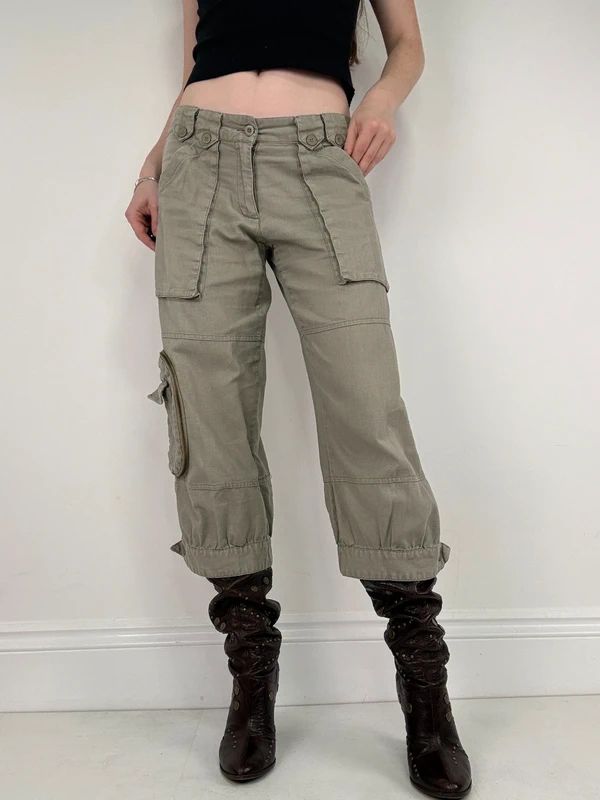 khaki linen cropped pleated capri utility pants