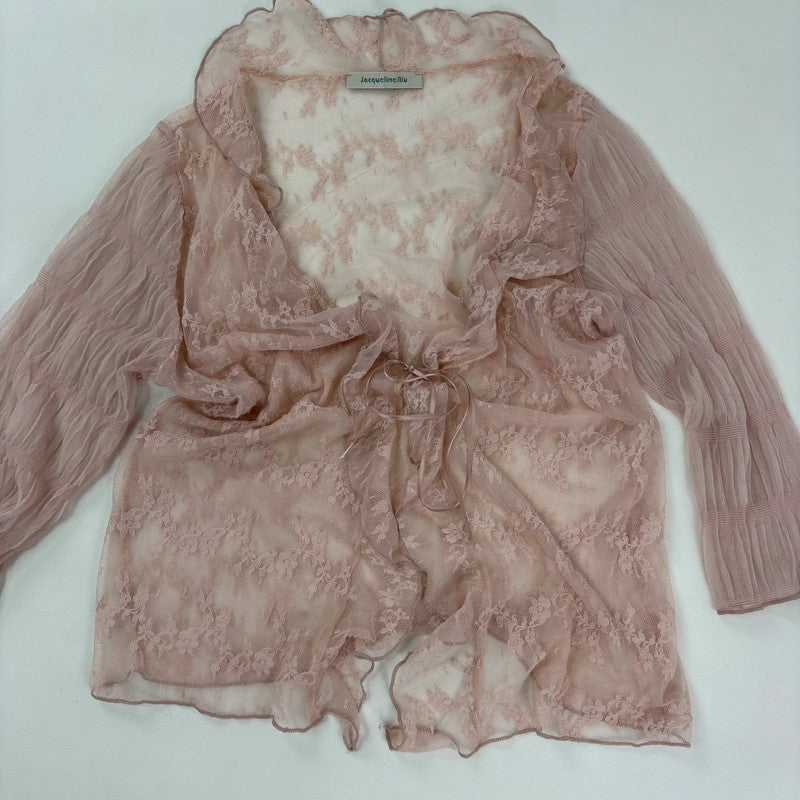 Pale pink floral lace gathered cinched blouse