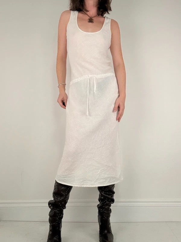 white linen bias cut drop waist maxi dress