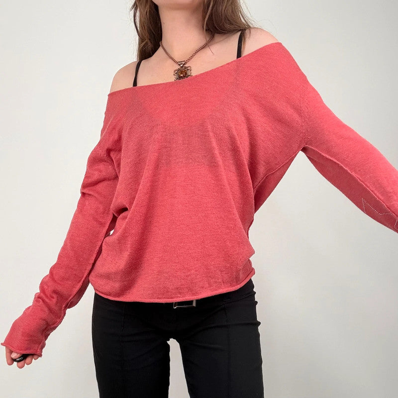 pink slouchy knit off the shoulder jumper