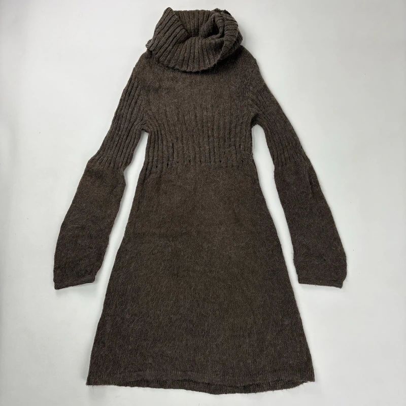 brown mohair knitted slouchy flared midi dress