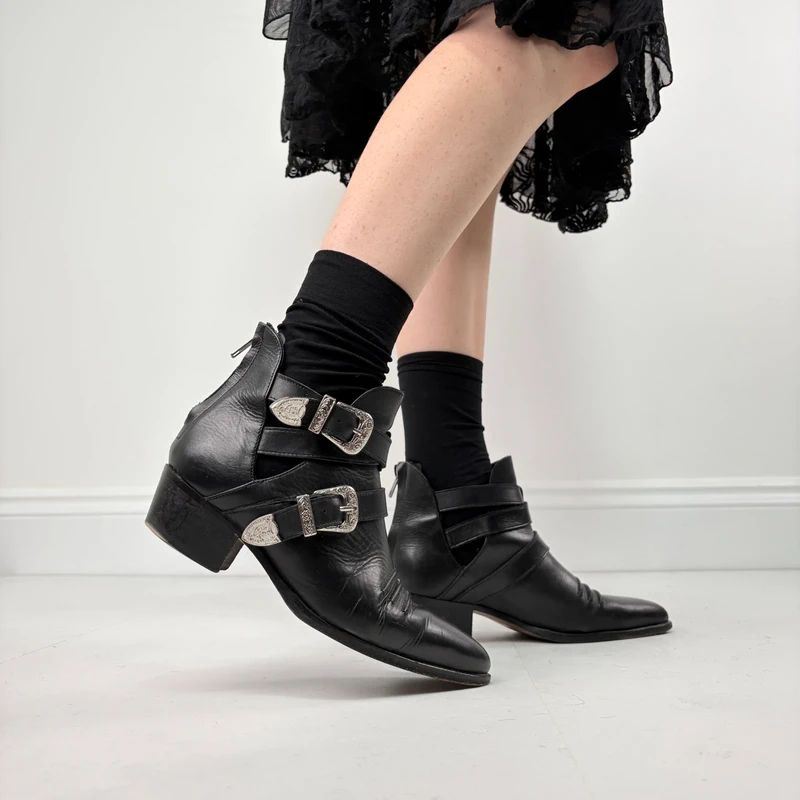 The Kooples black leather buckle western boho boots