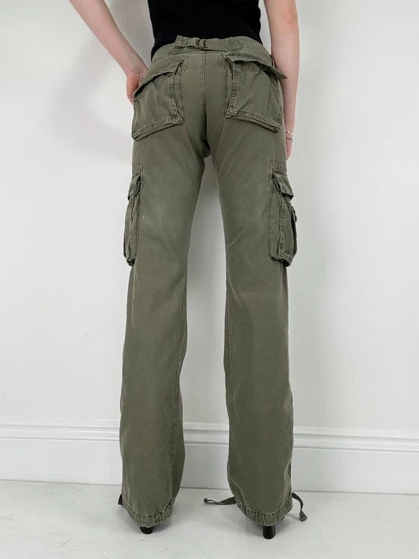 Low rise khaki flared cargo utility trousers