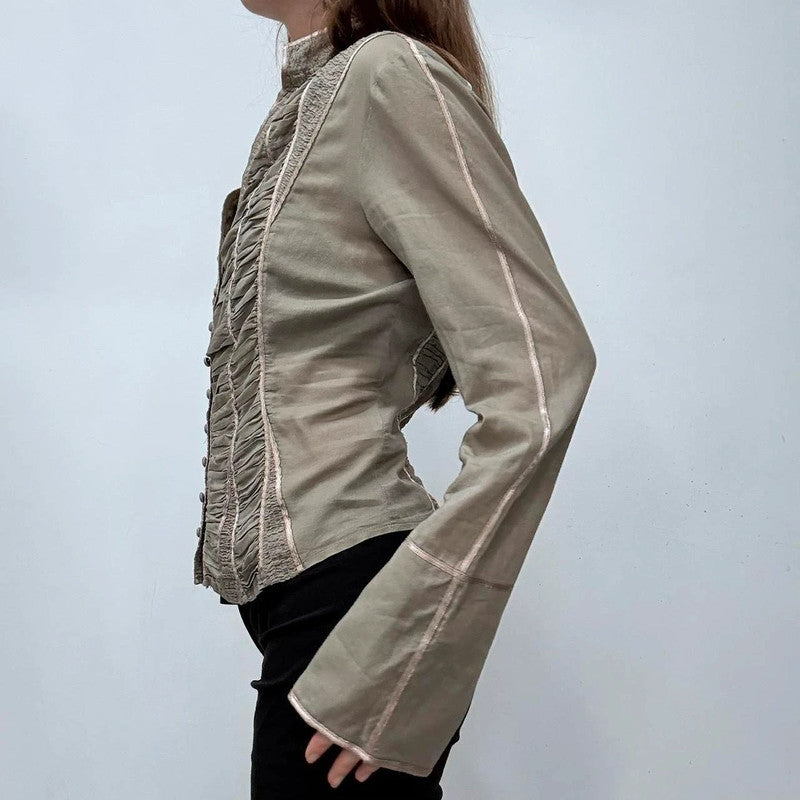 khaki gathered lace corset shirt