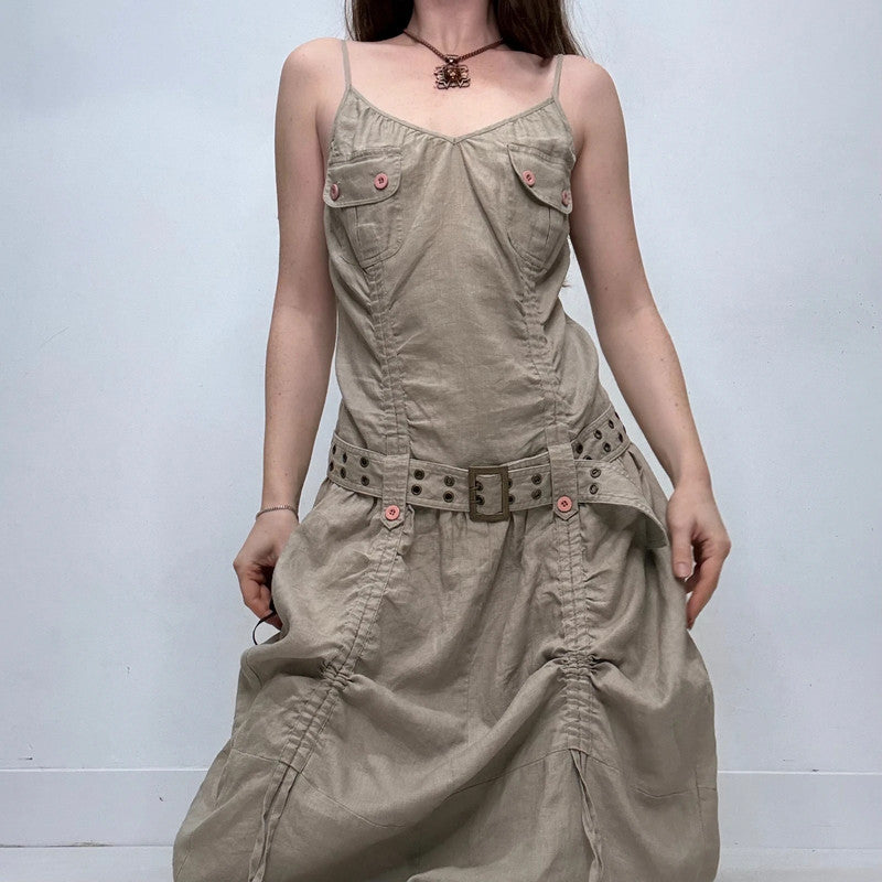 draped khaki belted grunge midi dress