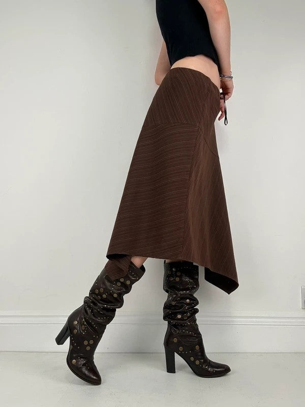 Pinstripe brown asymmetric draped midi skirt