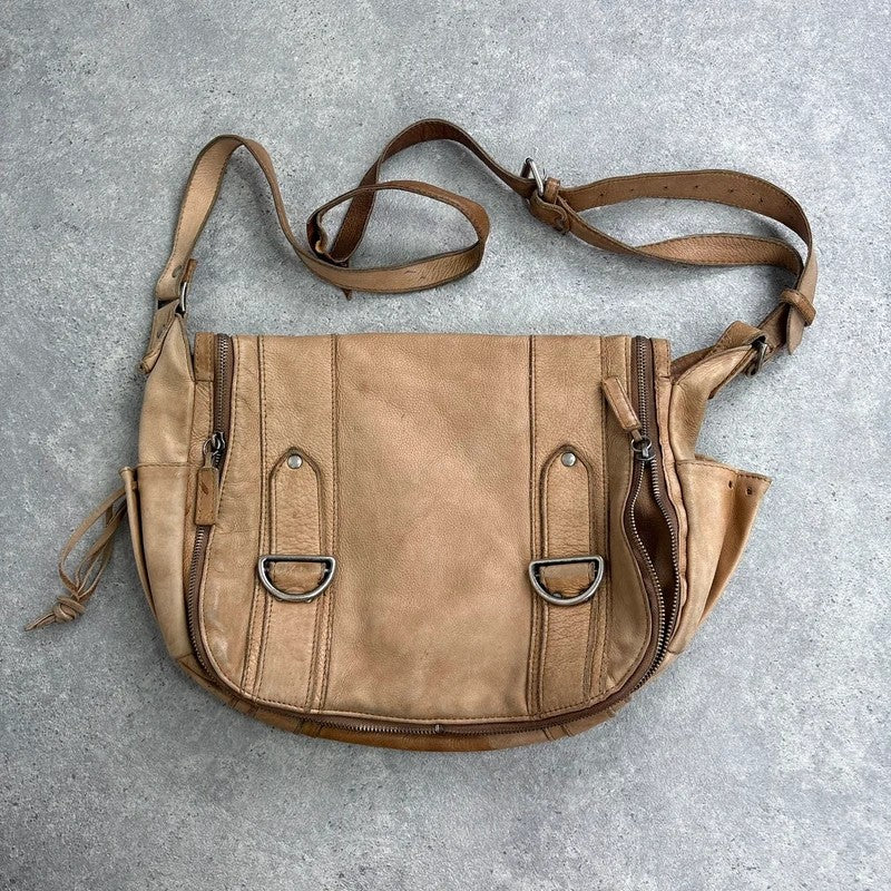 Tan distressed leather zip city crossbody D-ring bag
