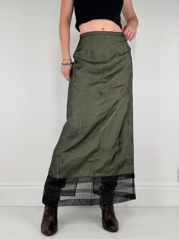 Green embroidered layered a-line maxi skirt