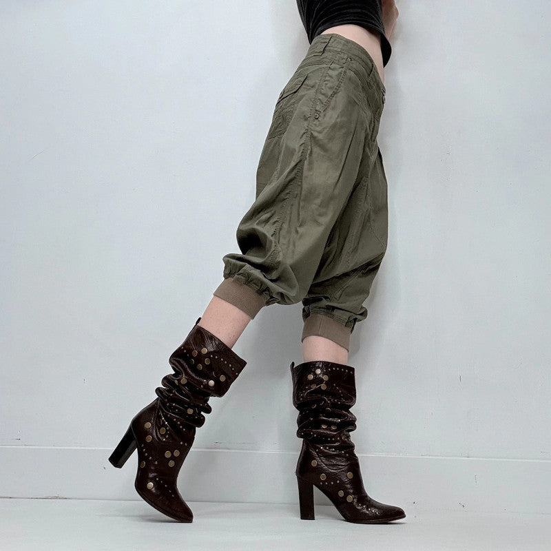 khaki drop crotch pleated balloon capri pants