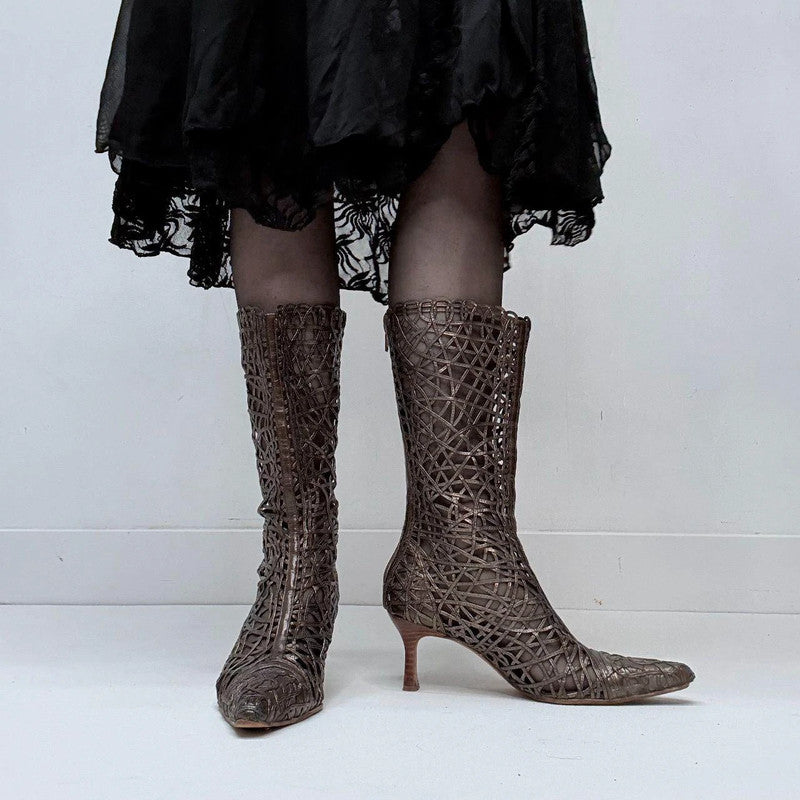 woven sheer lace leather heel boots