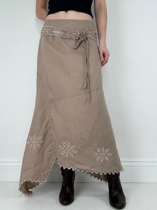 Beige linen boho western asymmetrical flared maxi skirt