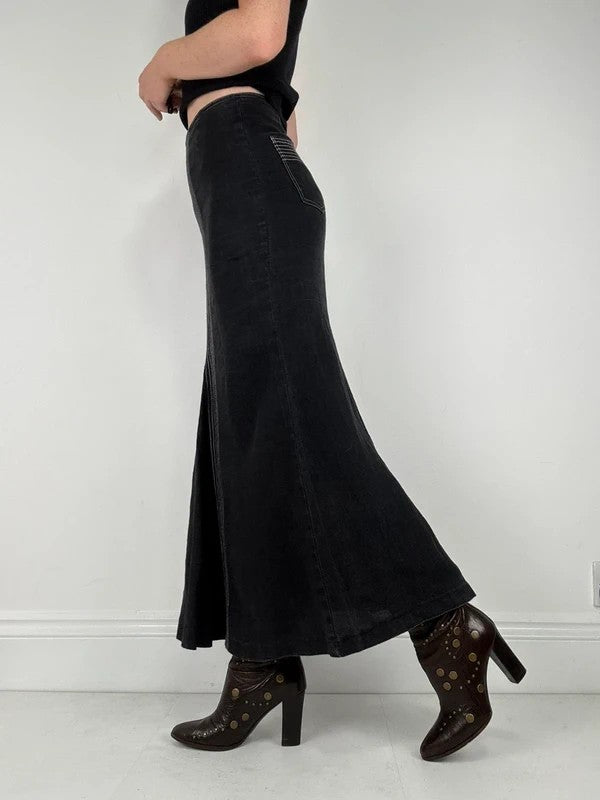 black linen high-waisted stitched flare maxi skirt