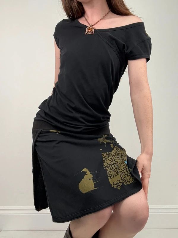 off the shoulder black slouchy drop waist dress