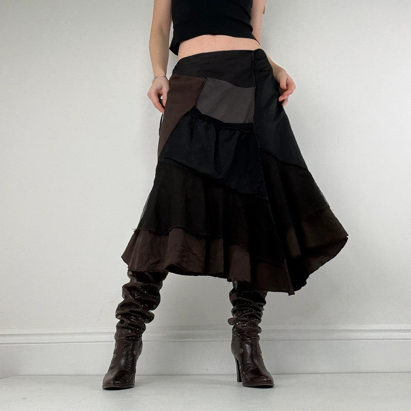 panelled patchwork asymmetric black midi skirt