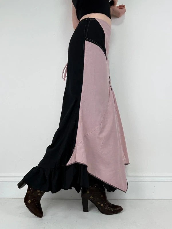 pink and navy gathered asymmetric flared maxi skirt