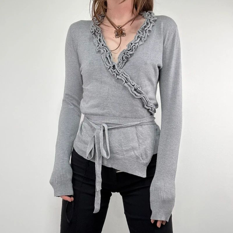 grey knit ruffle wrap cardigan