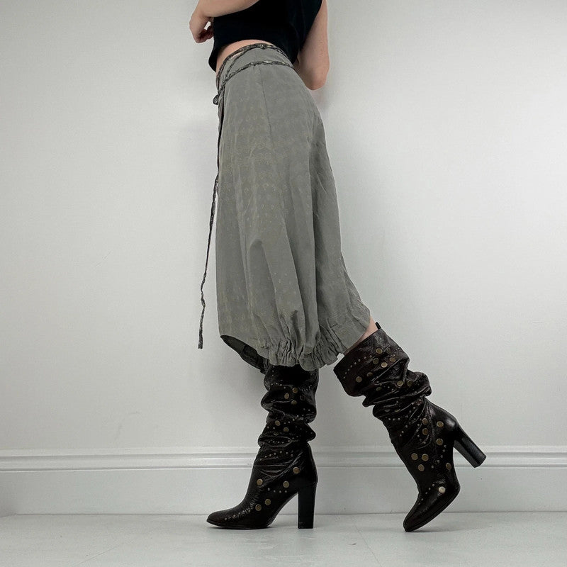 asymmetric gathered puff pleated khaki midi skirt