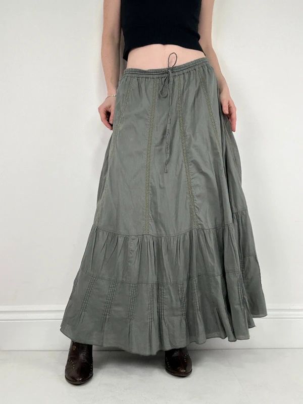 Monsoon khaki cotton flared maxi skirt