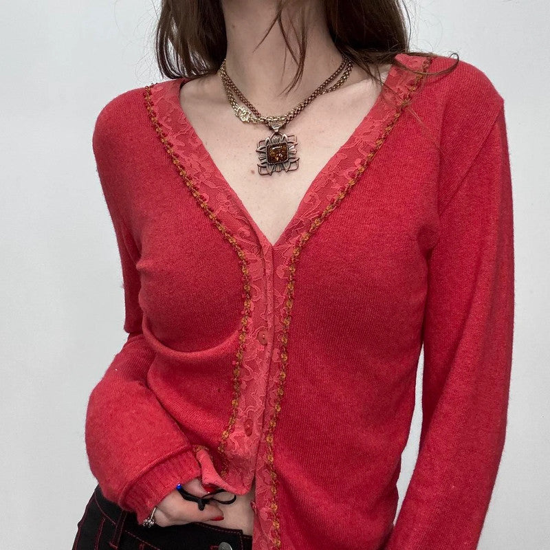 red lace knit cardigan