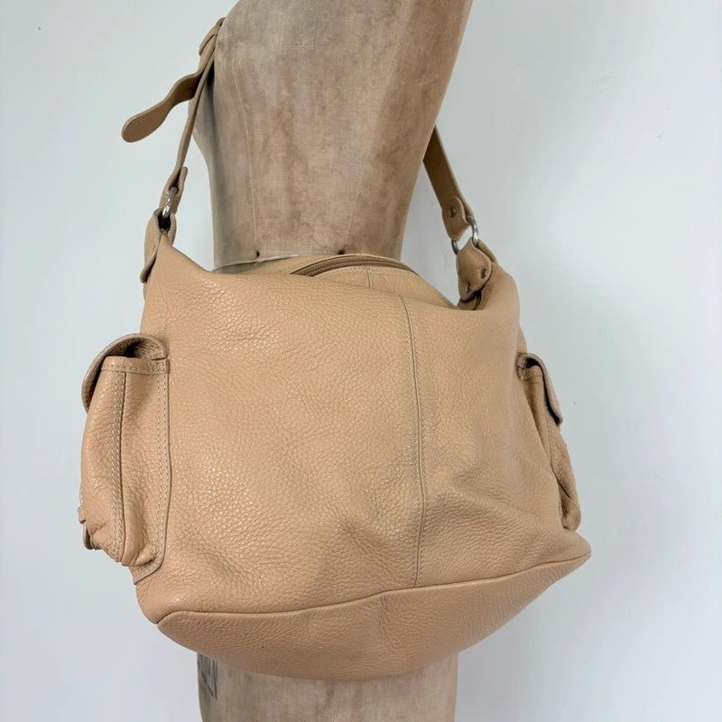 Slouchy cream leather cargo pocket satchel bag