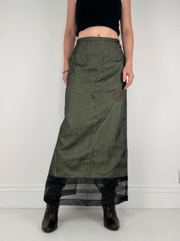 Green embroidered layered a-line maxi skirt