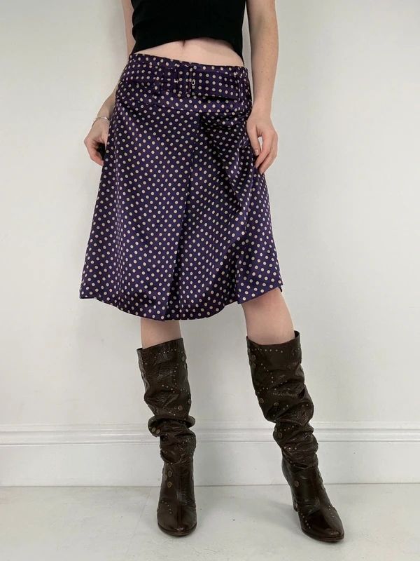 pleated silk polkadot flared midi skirt